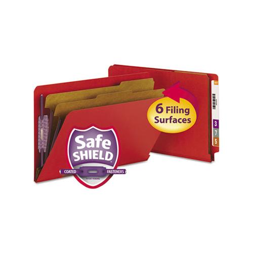 End Tab Pressboard Classification Folders With Safeshield Fasteners, 2 Dividers, Legal Size, Bright Red, 10-box