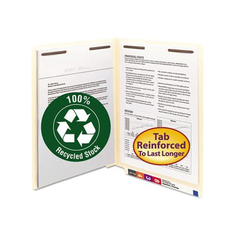 100% Recycled Manila End Tab Folders With Two Fasteners, Straight Tab, Letter Size, 50-box