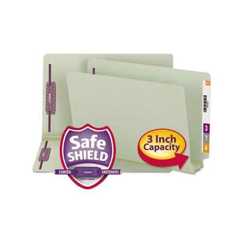 End Tab 3" Expansion Pressboard File Folders With Two Safeshield Coated Fasteners, Straight Tab, Legal, Gray-green, 25-box