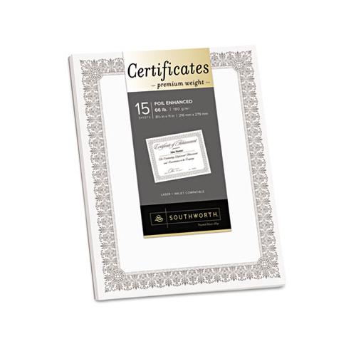 Premium Certificates, White, Fleur Silver Foil Border, 66 Lb, 8.5 X 11, 15-pack