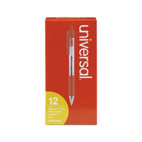 Comfort Grip Retractable Ballpoint Pen, Medium 1mm, Red Ink, Clear Barrel, Dozen