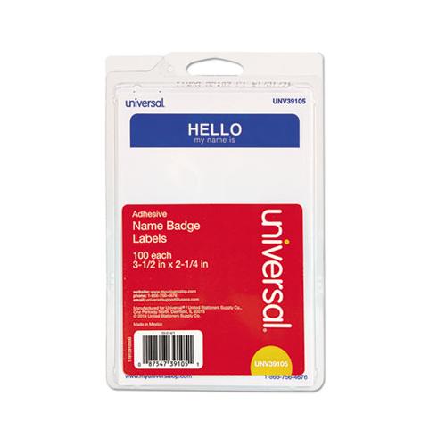 "hello" Self-adhesive Name Badges, 3 1-2 X 2 1-4, White-blue, 100-pack