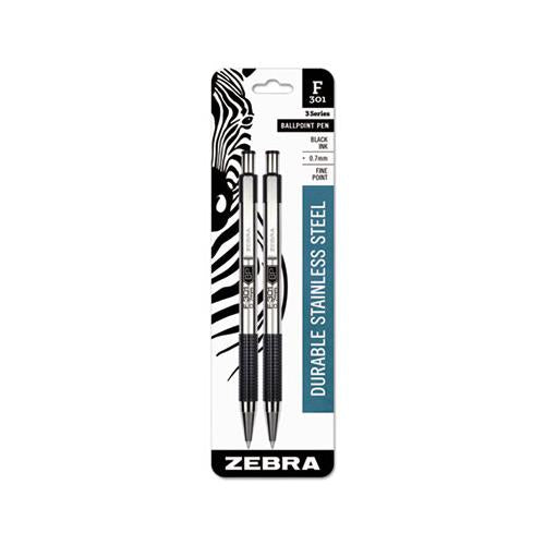 F-301 Retractable Ballpoint Pen, 0.7 Mm, Black Ink, Stainless Steel-black Barrel, 2-pack