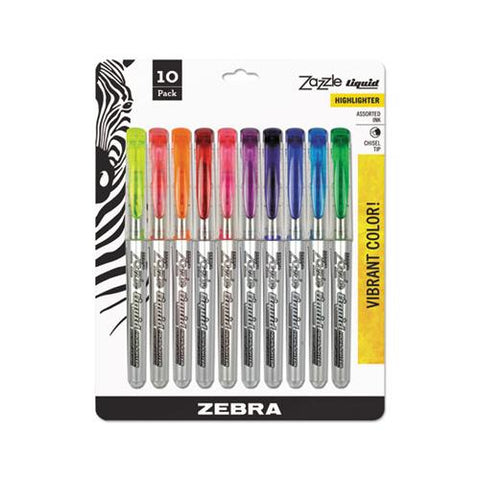 Zazzle Liquid Ink Highlighter, Chisel Tip, Assorted Colors, 10-set