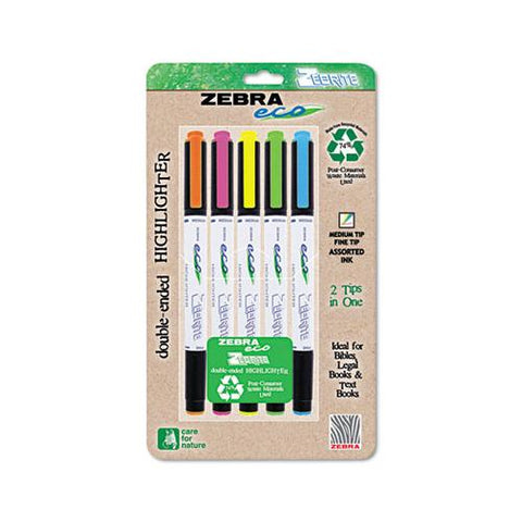 Zebrite Eco Double-ended Highlighter, Chisel-bullet Tip, Assorted Colors, 5-set